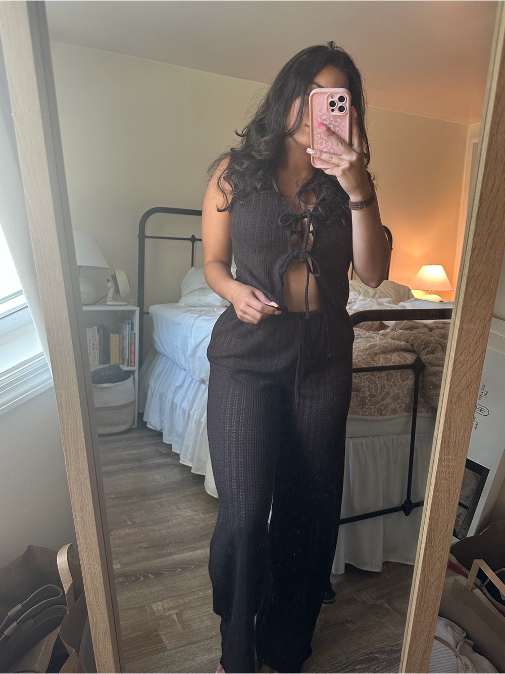 Women’s Black Knit Tie-Front Pant Set